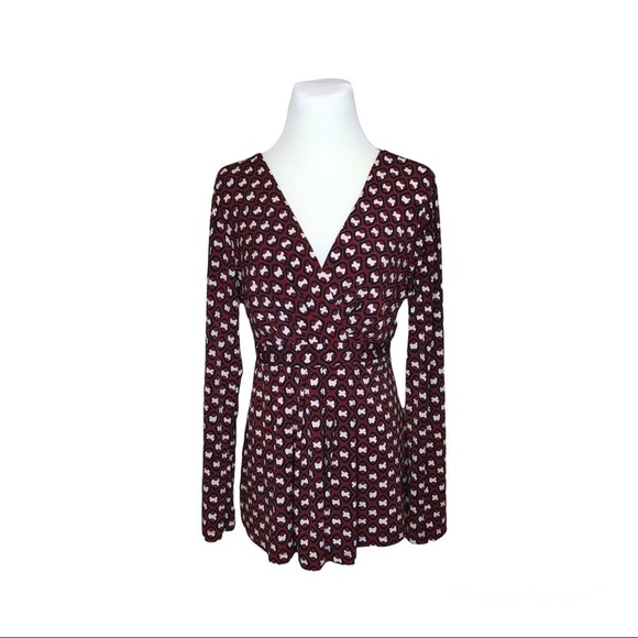 Daisy Fuentes Womens Size L V Neck Crossover Wrap Blouse Wine White Gray Knit - Picture 4 of 8